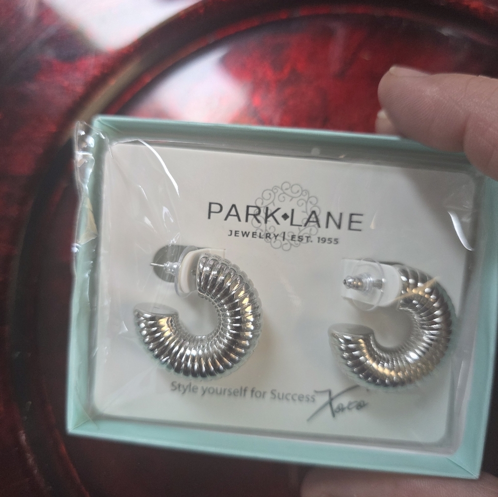 Silver Ribbed Hoop Earrings Embraceable - Picture 2 of 3